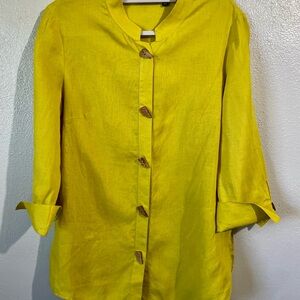 Lagenlook Resort Chartreuse Linen Mandarin Button Shirt 12 Carlisle 3/4 Sleeve
